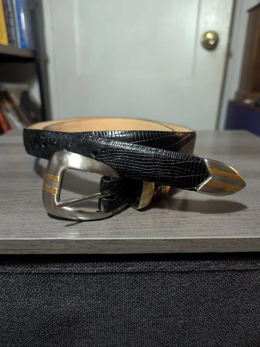 Vintage Lizard print belt two toned metal - Size 44 genuine calfskin leather